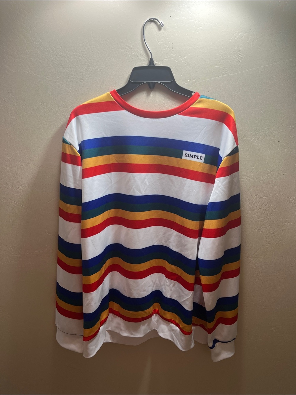 Simple Men's Crewneck Sweater in White with Red, Blue, Yellow & Green Stripes